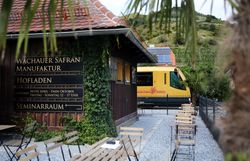 Außenbereich der Wachauer Safran Manufaktur mit Hofladen, Sitzplätzen und einem vorbeifahrenden Zug der Wachaubahn vor Weinbergen.