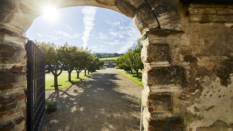 Blick durch ein steinernes Tor auf einen sonnigen Garten mit B&auml;umen und einem Kiesweg.